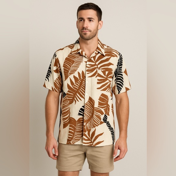 Men’s Trust USA Hawaiian Shirt XL Tropical Palm Leaf Print Brown‎ Tan Navy - Picture 1 of 6